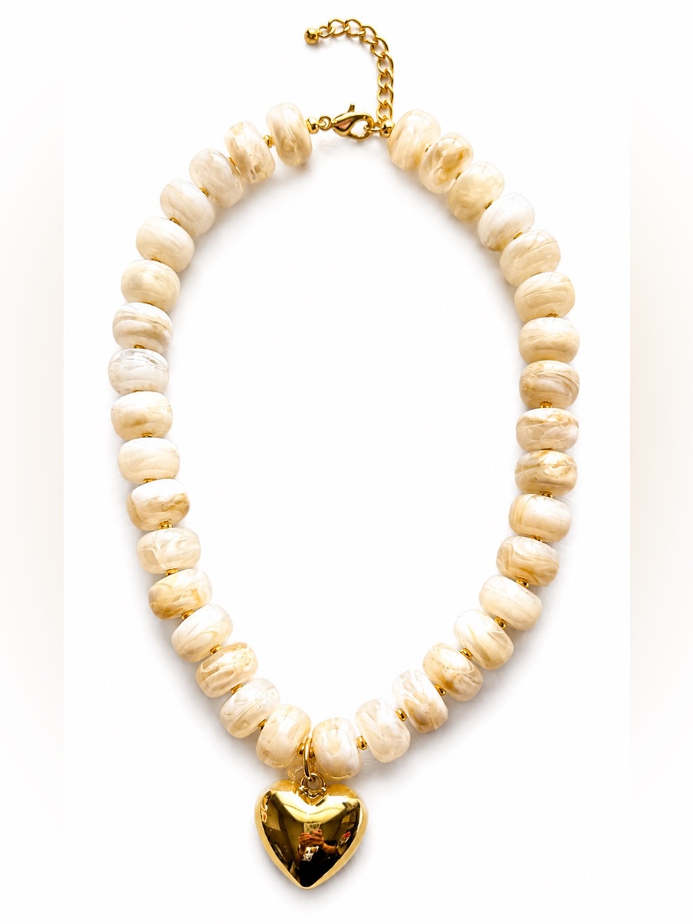 Chunky Beaded Necklace with Gold Heart Pendant- Cream